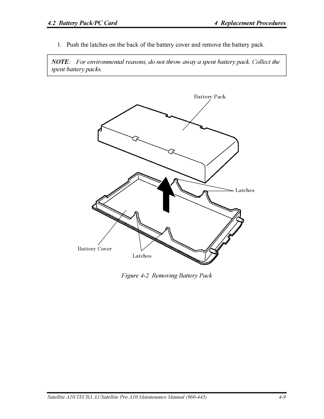 Toshiba A10 manual Battery Pack/PC Card Replacement Procedures, Removing Battery Pack 