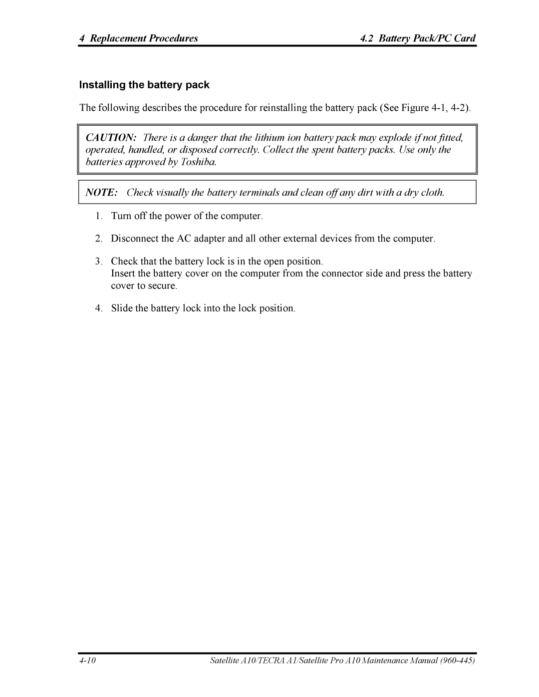 Toshiba A10 manual Installing the battery pack 