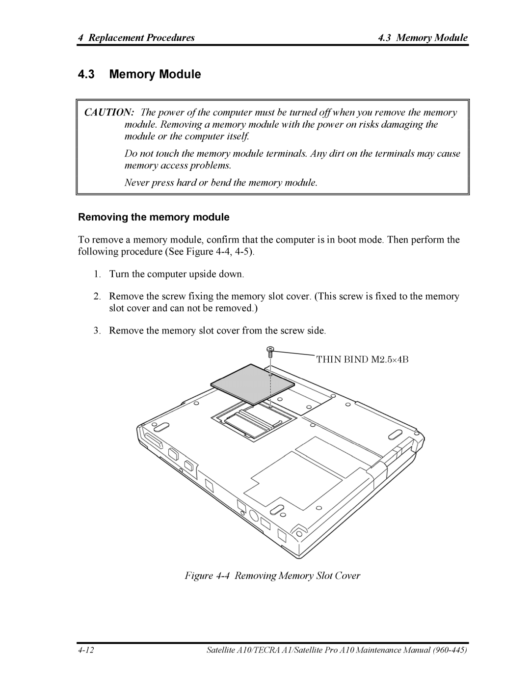 Toshiba A10 manual Replacement Procedures Memory Module, Removing the memory module 