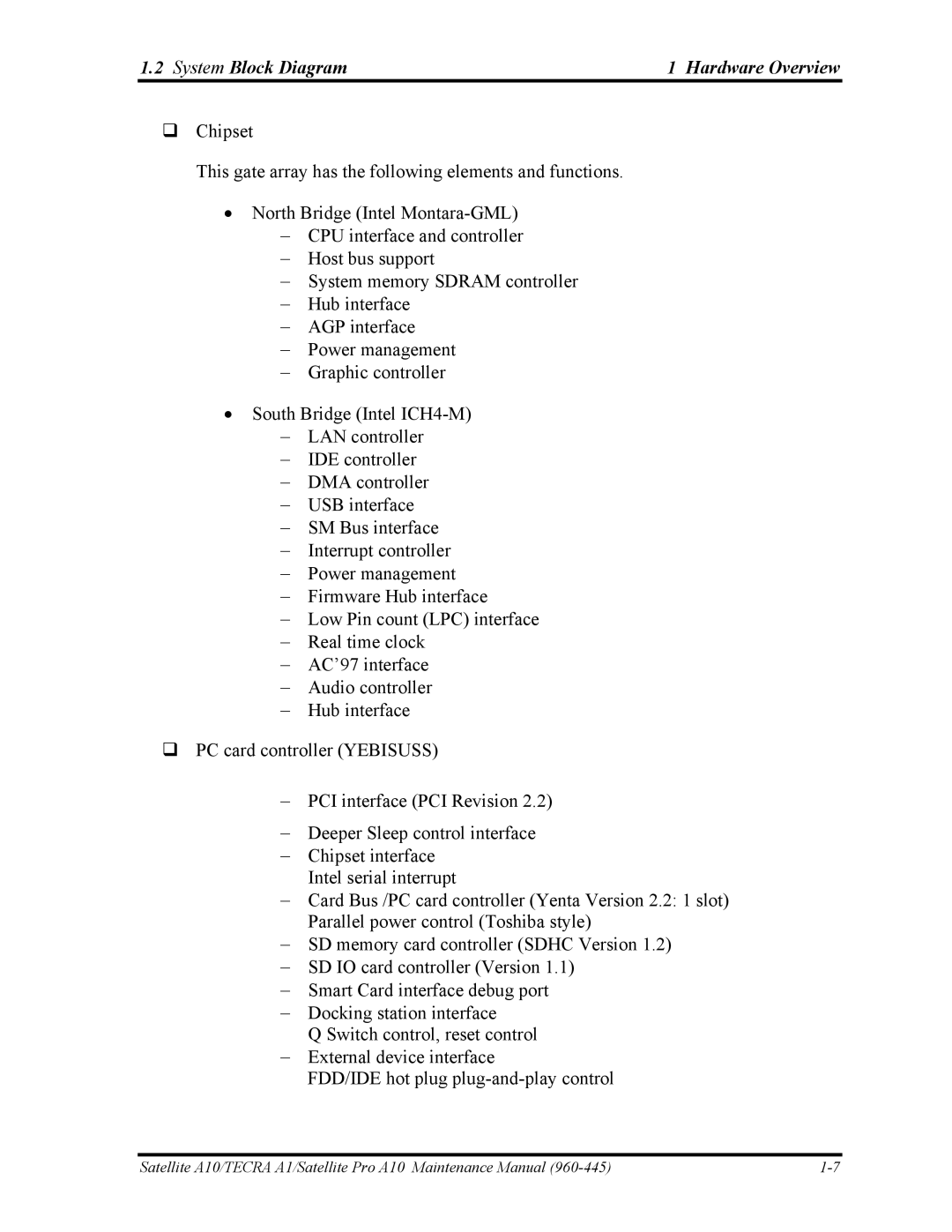 Toshiba A10 manual System Block Diagram Hardware Overview 