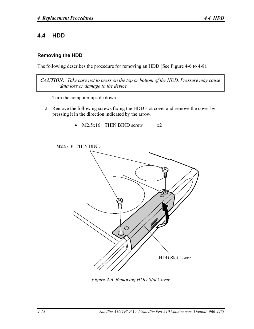 Toshiba A10 manual Hdd, Replacement Procedures HDD, Removing the HDD 