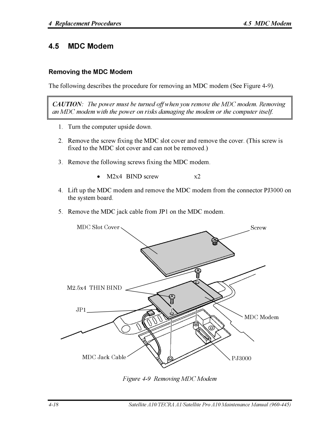 Toshiba A10 manual Replacement Procedures MDC Modem, Removing the MDC Modem 