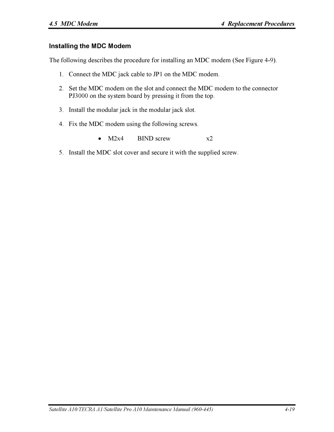 Toshiba A10 manual MDC Modem Replacement Procedures, Installing the MDC Modem 