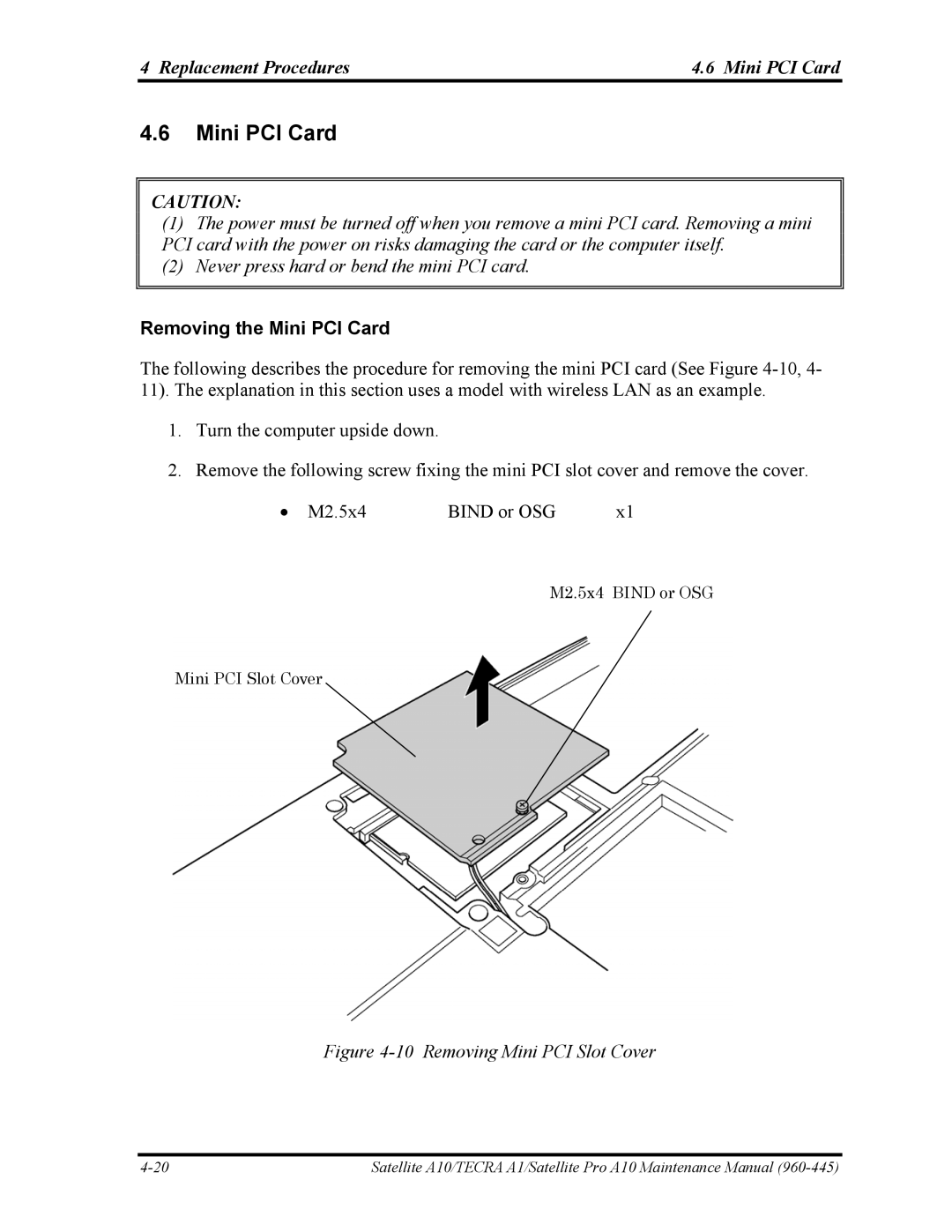 Toshiba A10 manual Replacement Procedures Mini PCI Card, Removing the Mini PCI Card 