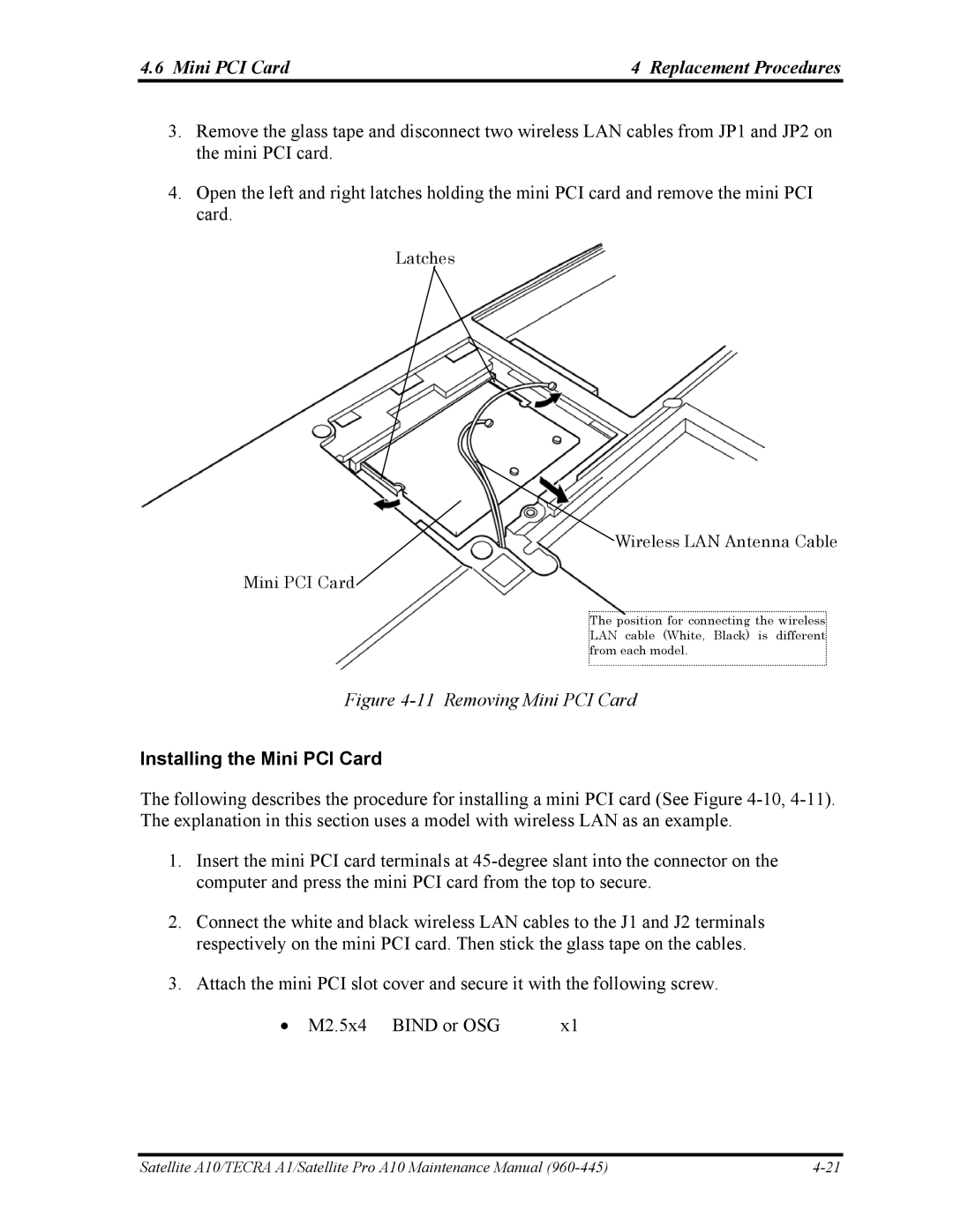 Toshiba A10 manual Mini PCI Card Replacement Procedures, Installing the Mini PCI Card 