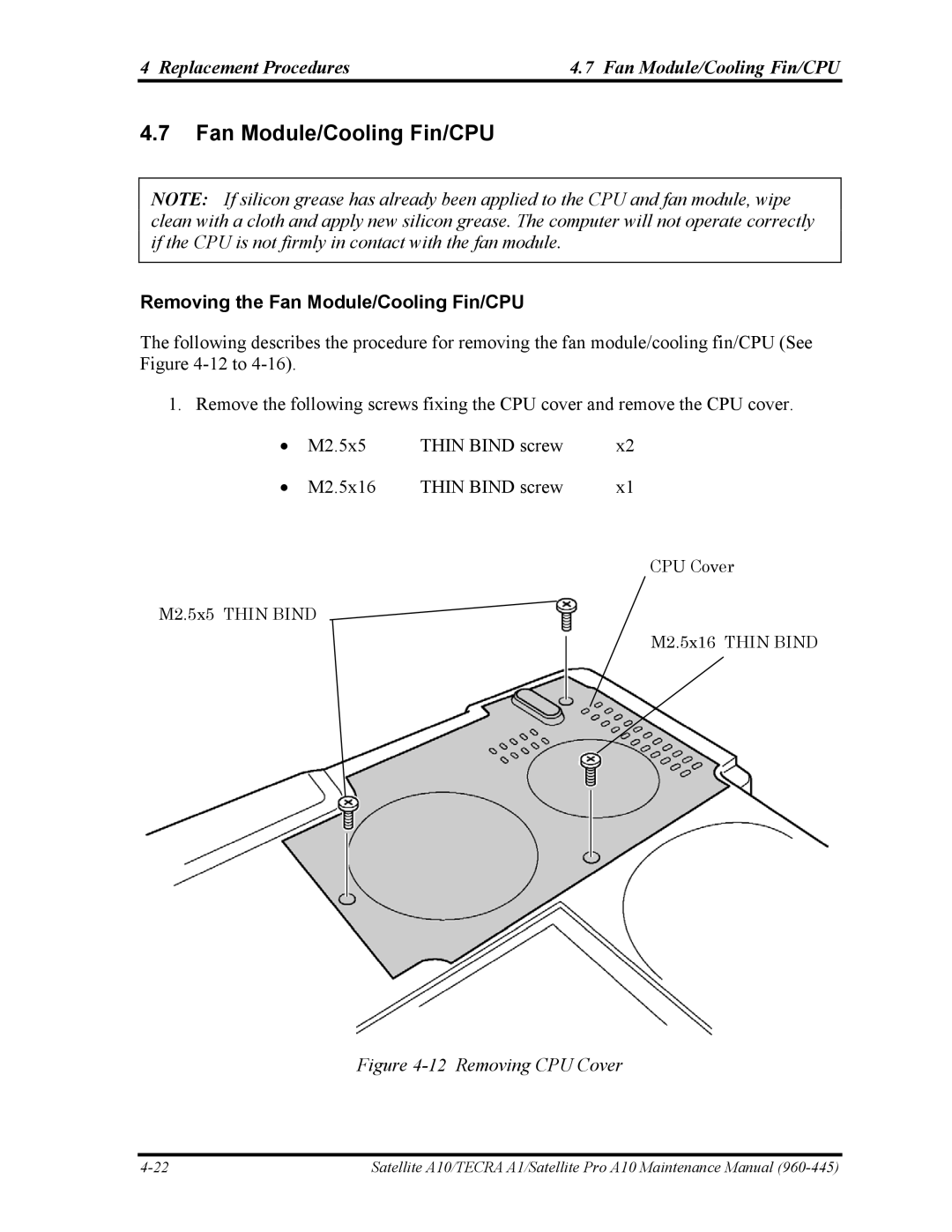 Toshiba A10 manual Replacement Procedures Fan Module/Cooling Fin/CPU, Removing the Fan Module/Cooling Fin/CPU 