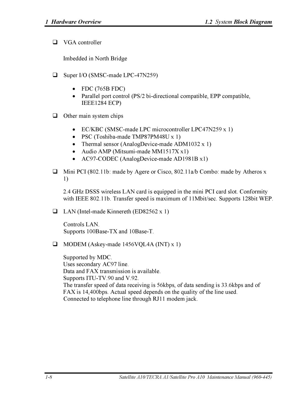 Toshiba A10 manual Hardware Overview System Block Diagram 