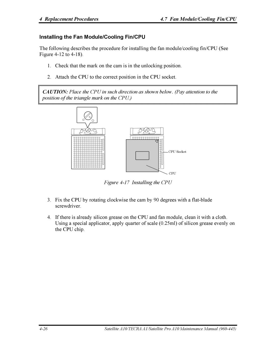 Toshiba A10 manual Installing the Fan Module/Cooling Fin/CPU, Installing the CPU 