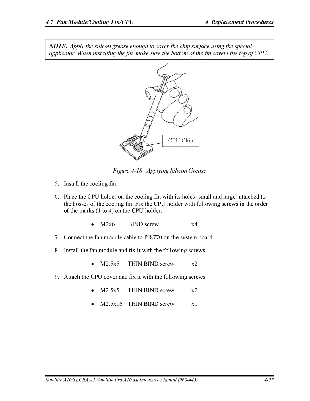 Toshiba A10 manual Applying Silicon Grease 