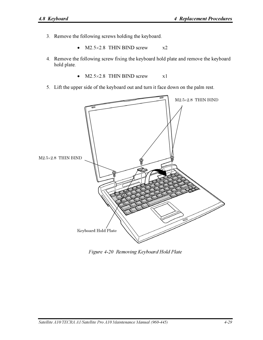 Toshiba A10 manual Keyboard Replacement Procedures, Removing Keyboard Hold Plate 