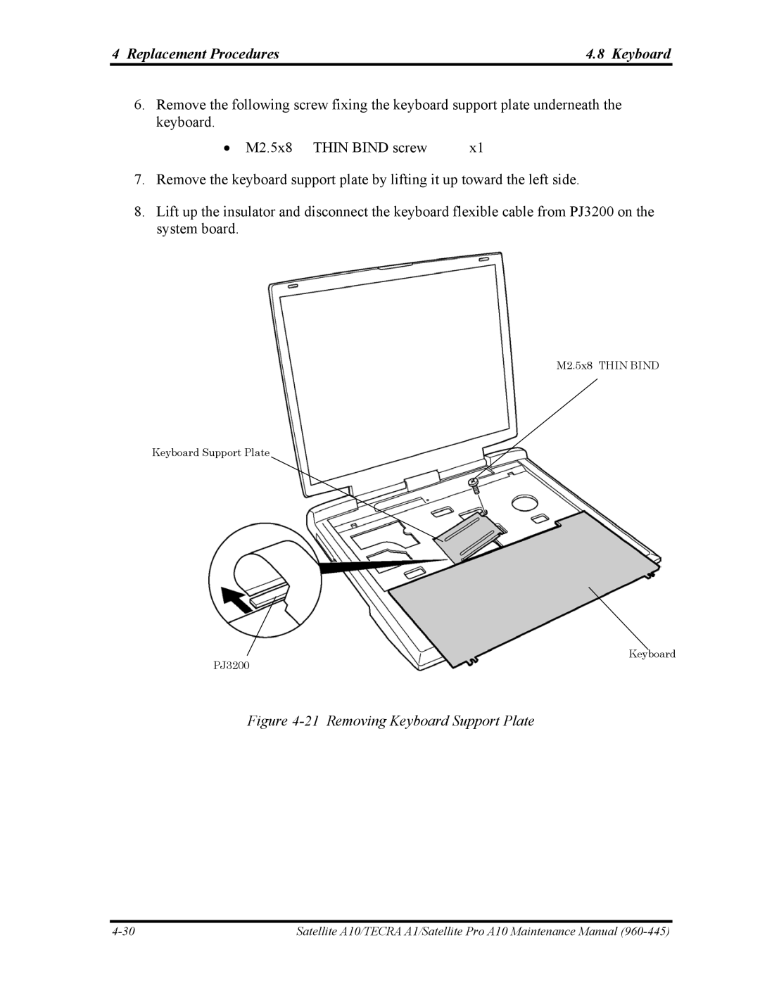 Toshiba A10 manual Removing Keyboard Support Plate 