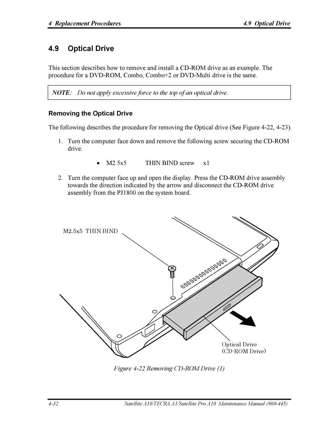 Toshiba A10 manual Replacement Procedures Optical Drive, Removing the Optical Drive 