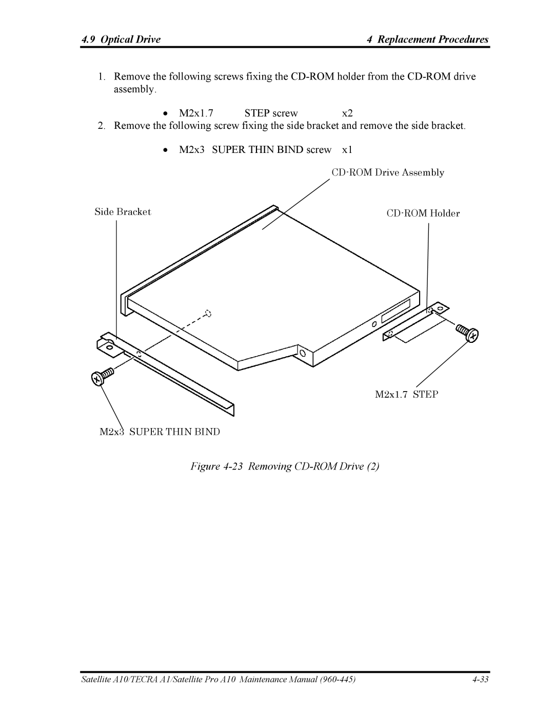 Toshiba A10 manual Optical Drive Replacement Procedures, Removing CD-ROM Drive 