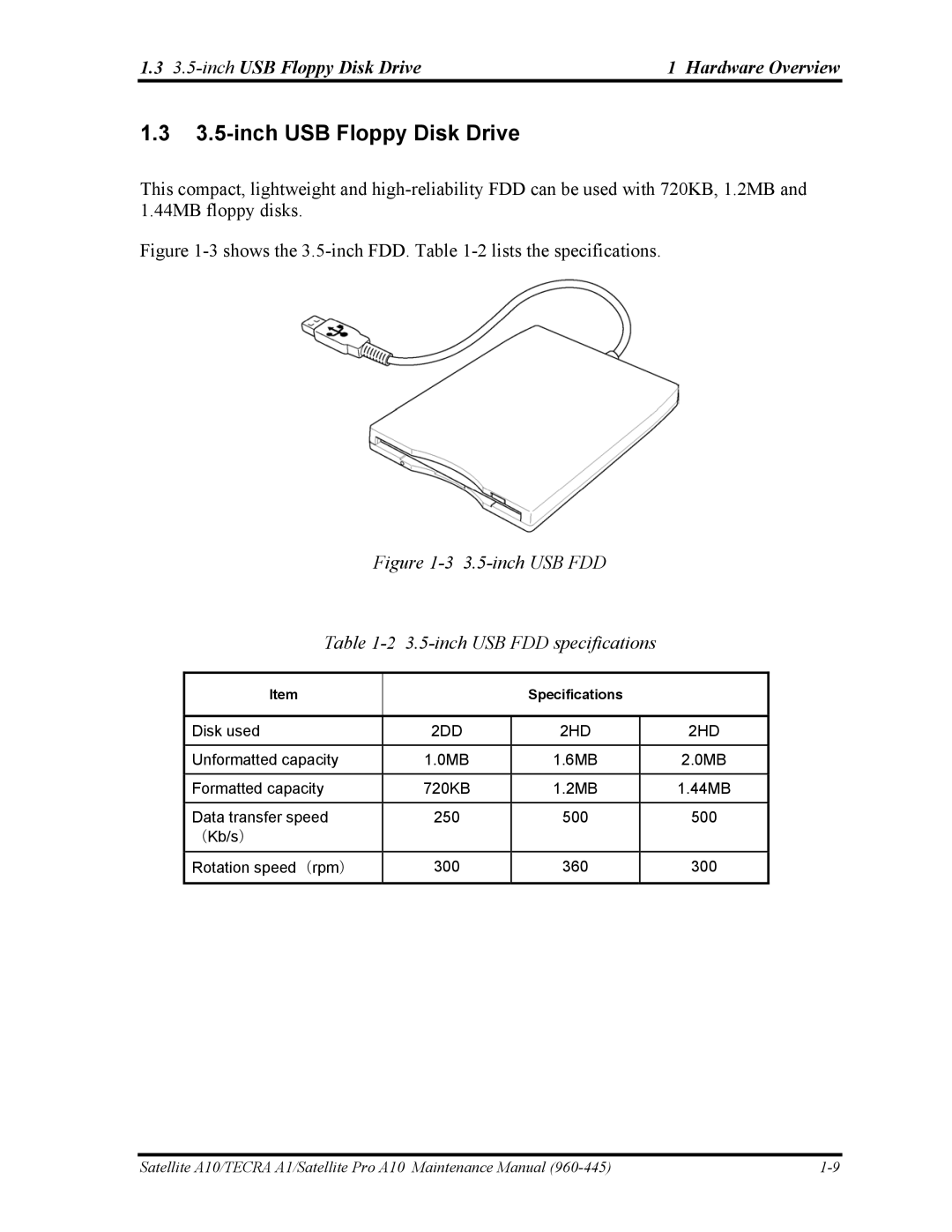 Toshiba A10 manual inch USB Floppy Disk Drive, inchUSB Floppy Disk Drive Hardware Overview, 2DD 2HD 