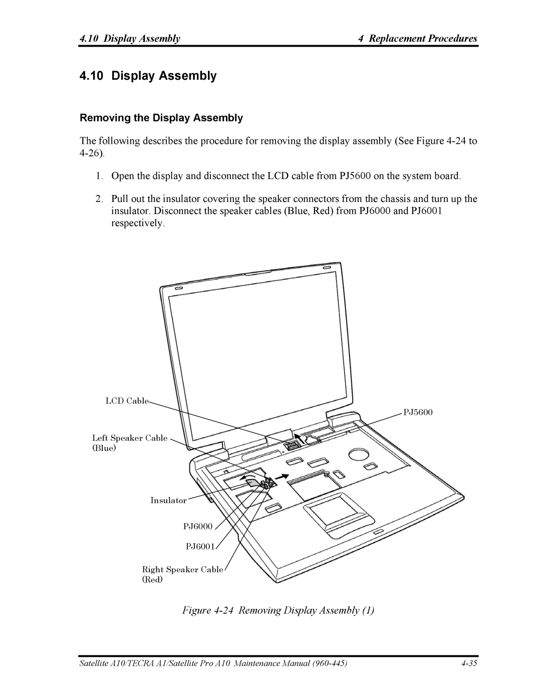 Toshiba A10 manual Display Assembly Replacement Procedures, Removing the Display Assembly 