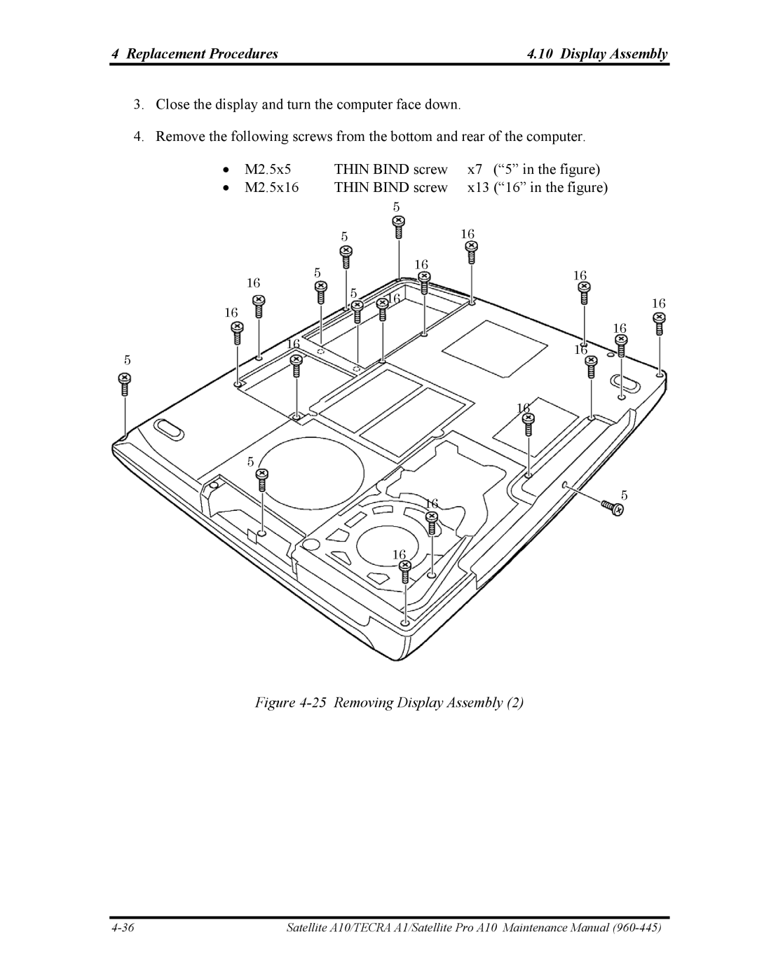 Toshiba A10 manual Replacement Procedures Display Assembly, Removing Display Assembly 