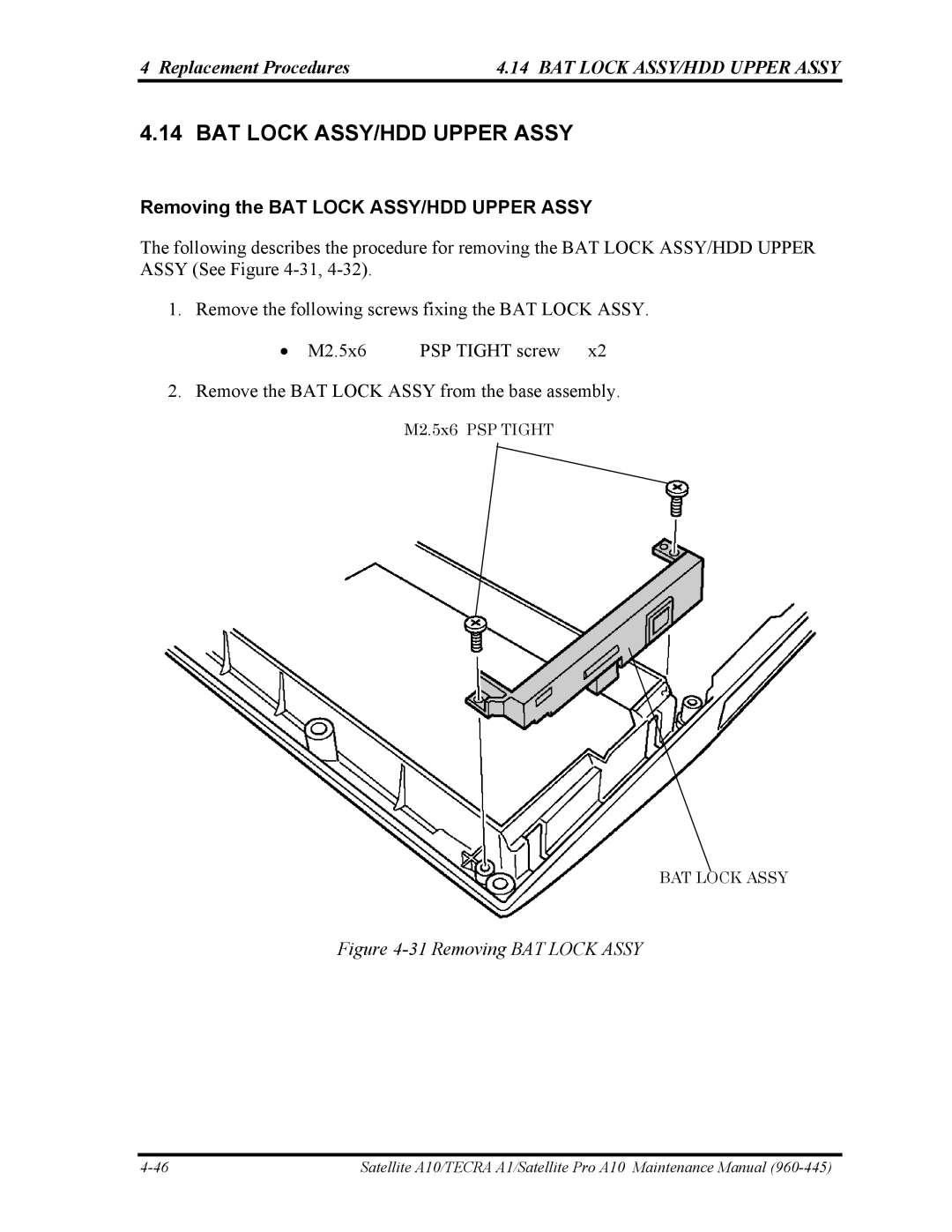 Toshiba A10 manual Removing the BAT Lock ASSY/HDD Upper Assy, Removing BAT Lock Assy 