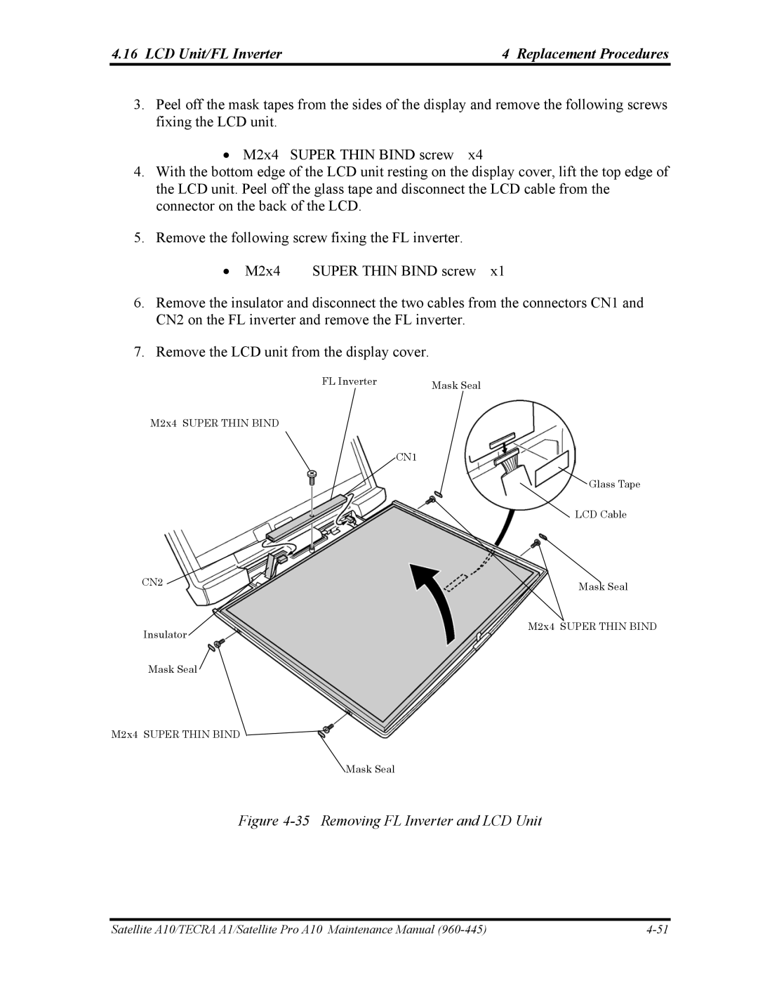 Toshiba A10 manual LCD Unit/FL Inverter Replacement Procedures, Removing FL Inverter and LCD Unit 