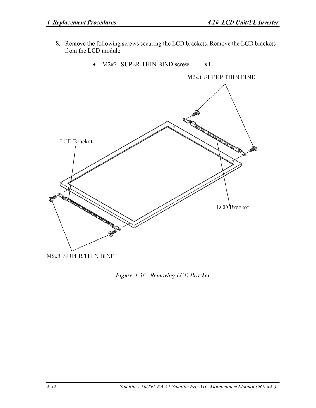 Toshiba A10 manual Removing LCD Bracket 