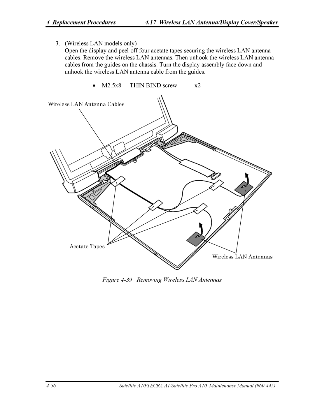 Toshiba A10 manual Removing Wireless LAN Antennas 