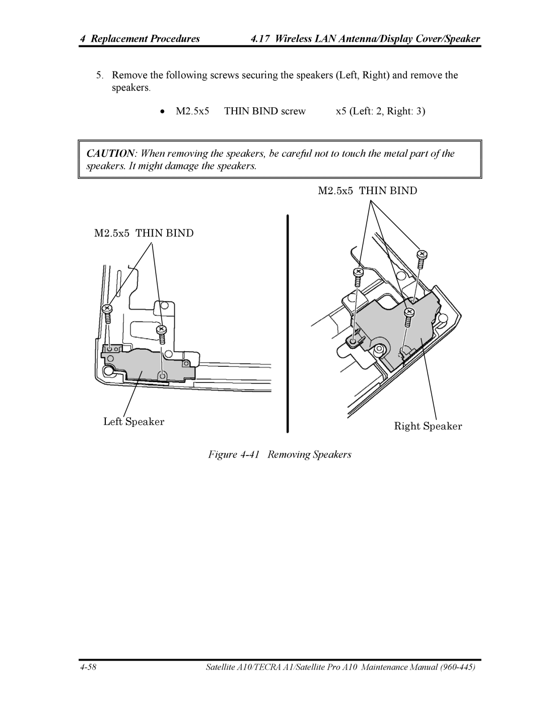 Toshiba A10 manual Removing Speakers 