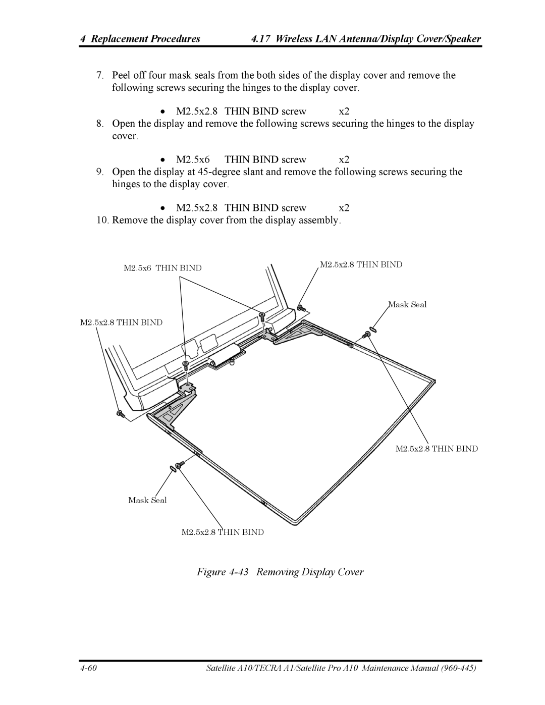 Toshiba A10 manual Removing Display Cover 