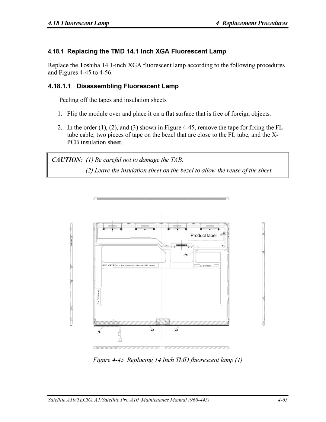 Toshiba A10 manual Fluorescent Lamp Replacement Procedures, Replacing the TMD 14.1 Inch XGA Fluorescent Lamp 