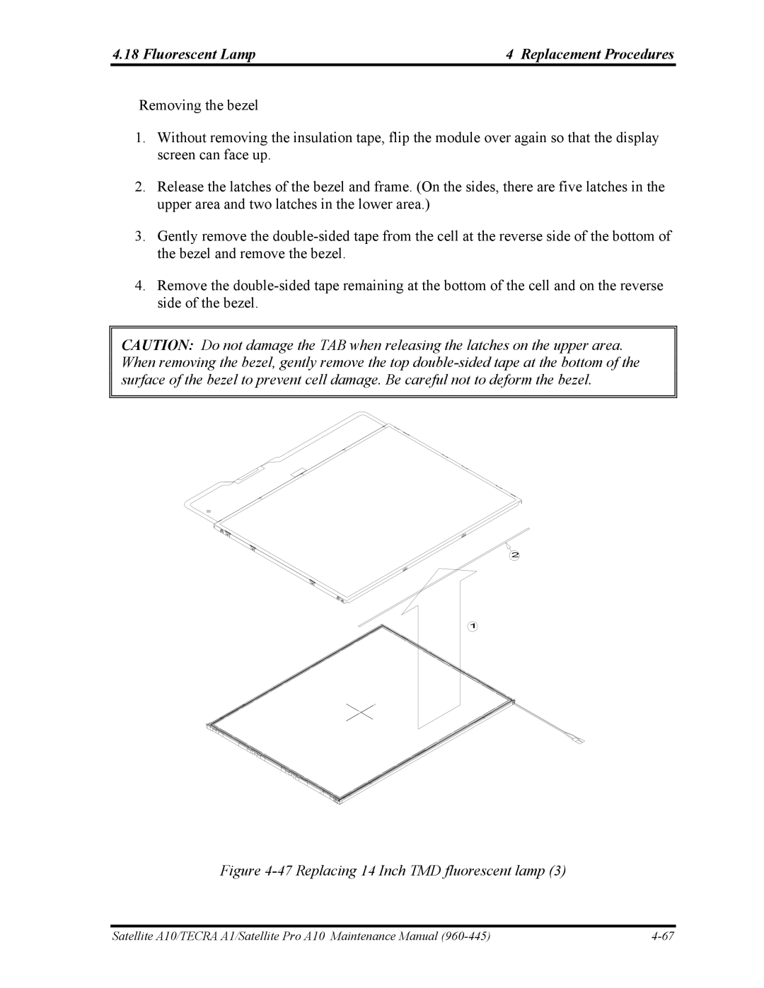 Toshiba A10 manual Replacing 14 Inch TMD fluorescent lamp 