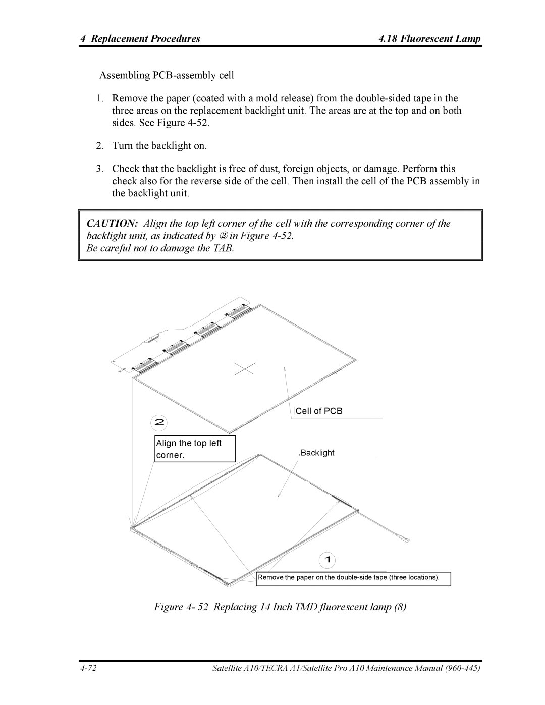 Toshiba A10 manual Be careful not to damage the TAB, Replacing 14 Inch TMD fluorescent lamp 