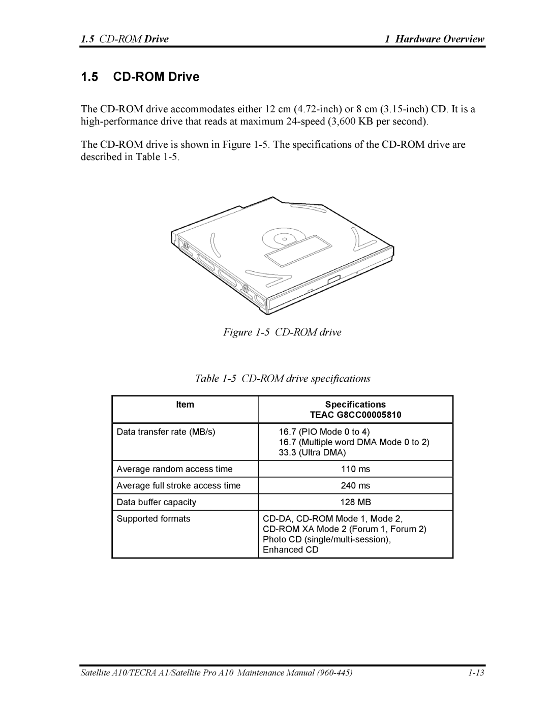 Toshiba A10 manual CD-ROM Drive, CD-ROMDrive Hardware Overview, Teac G8CC00005810 