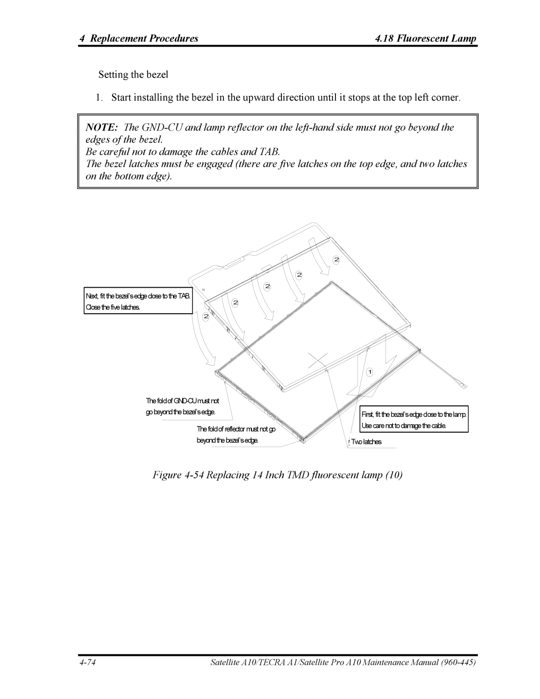 Toshiba A10 manual Replacing 14 Inch TMD fluorescent lamp 