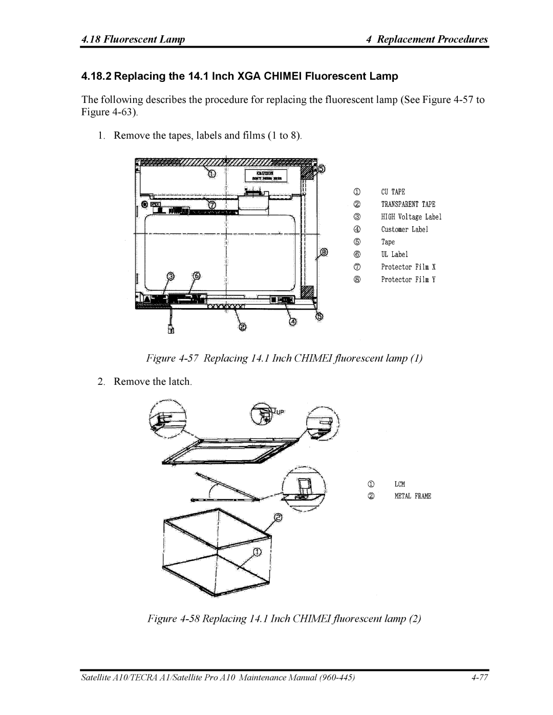 Toshiba A10 manual Replacing the 14.1 Inch XGA Chimei Fluorescent Lamp, Replacing 14.1 Inch Chimei fluorescent lamp 