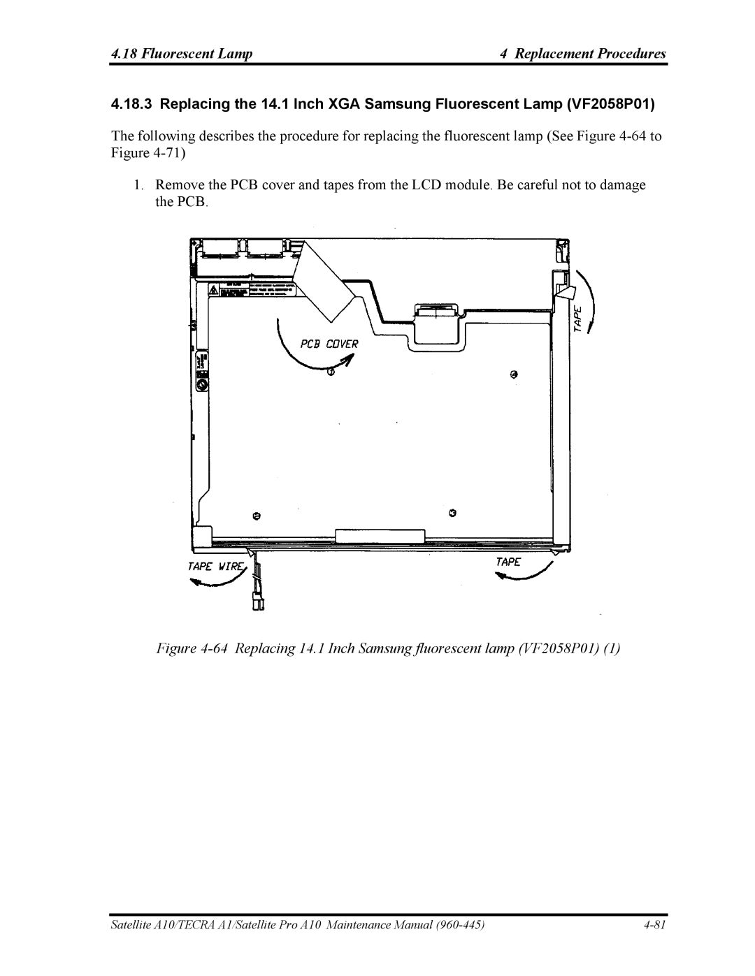 Toshiba A10 manual Replacing 14.1 Inch Samsung fluorescent lamp VF2058P01 