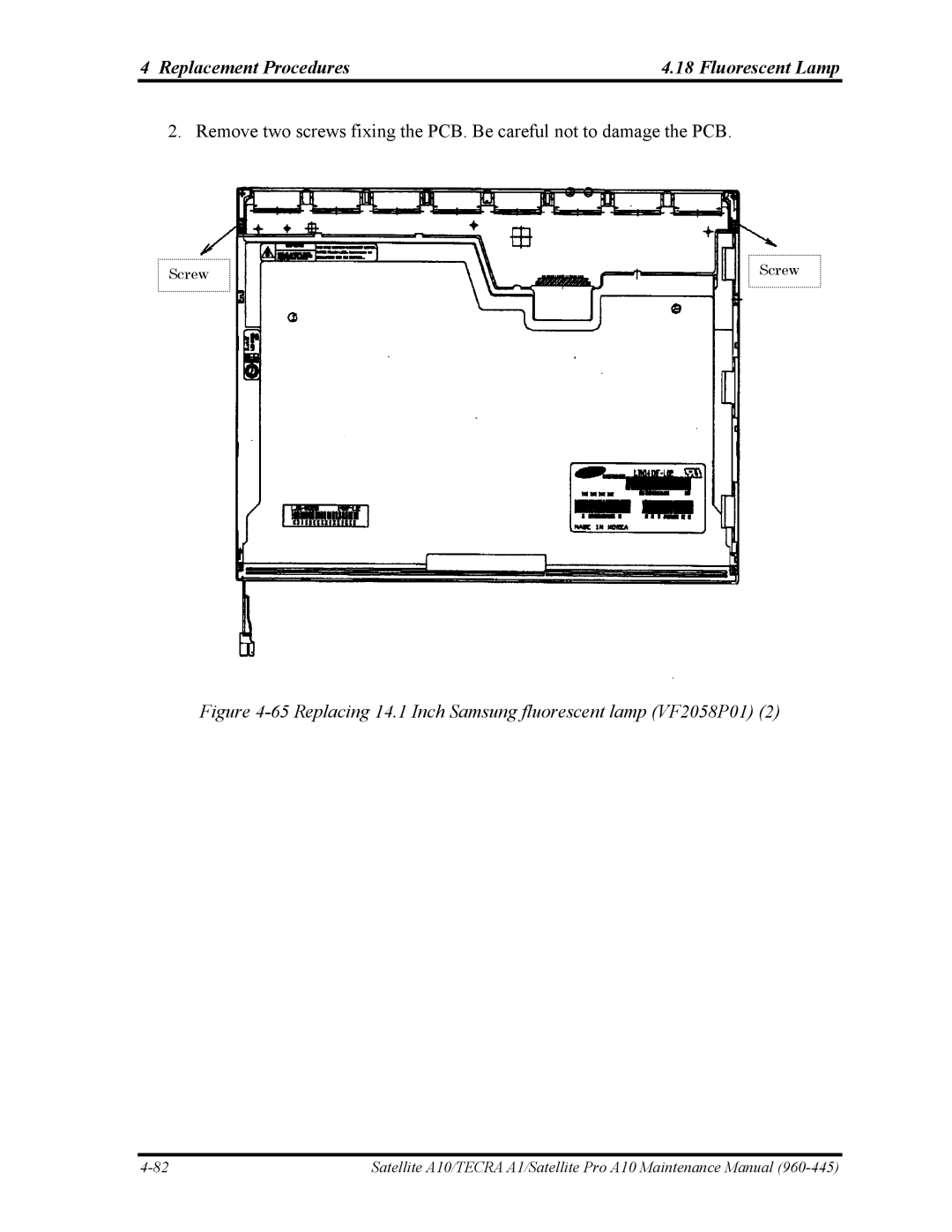 Toshiba A10 manual Replacing 14.1 Inch Samsung fluorescent lamp VF2058P01 