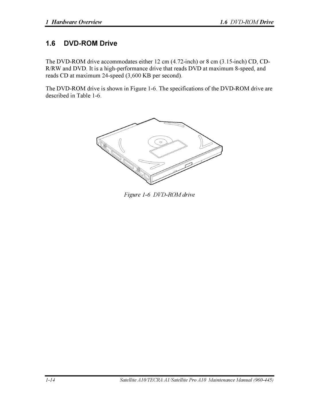 Toshiba A10 manual DVD-ROM Drive, Hardware Overview DVD-ROMDrive 