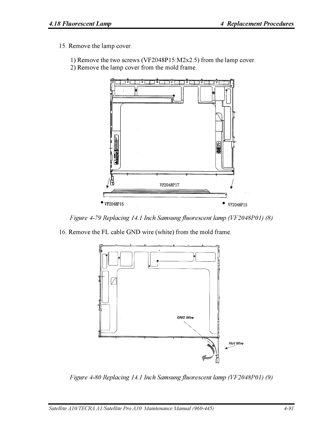 Toshiba A10 manual Replacing 14.1 Inch Samsung fluorescent lamp VF2048P01 