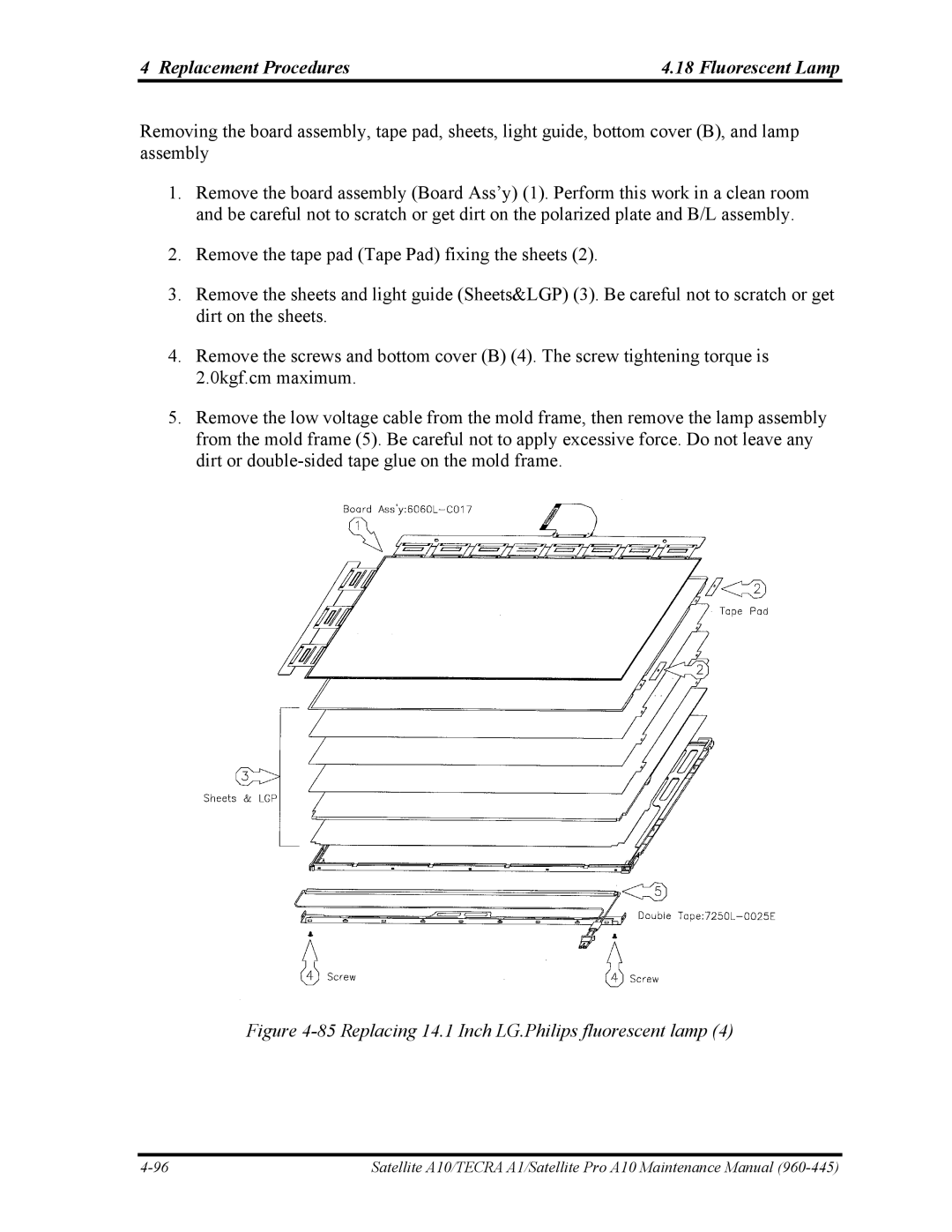 Toshiba A10 manual Replacing 14.1 Inch LG.Philips fluorescent lamp 