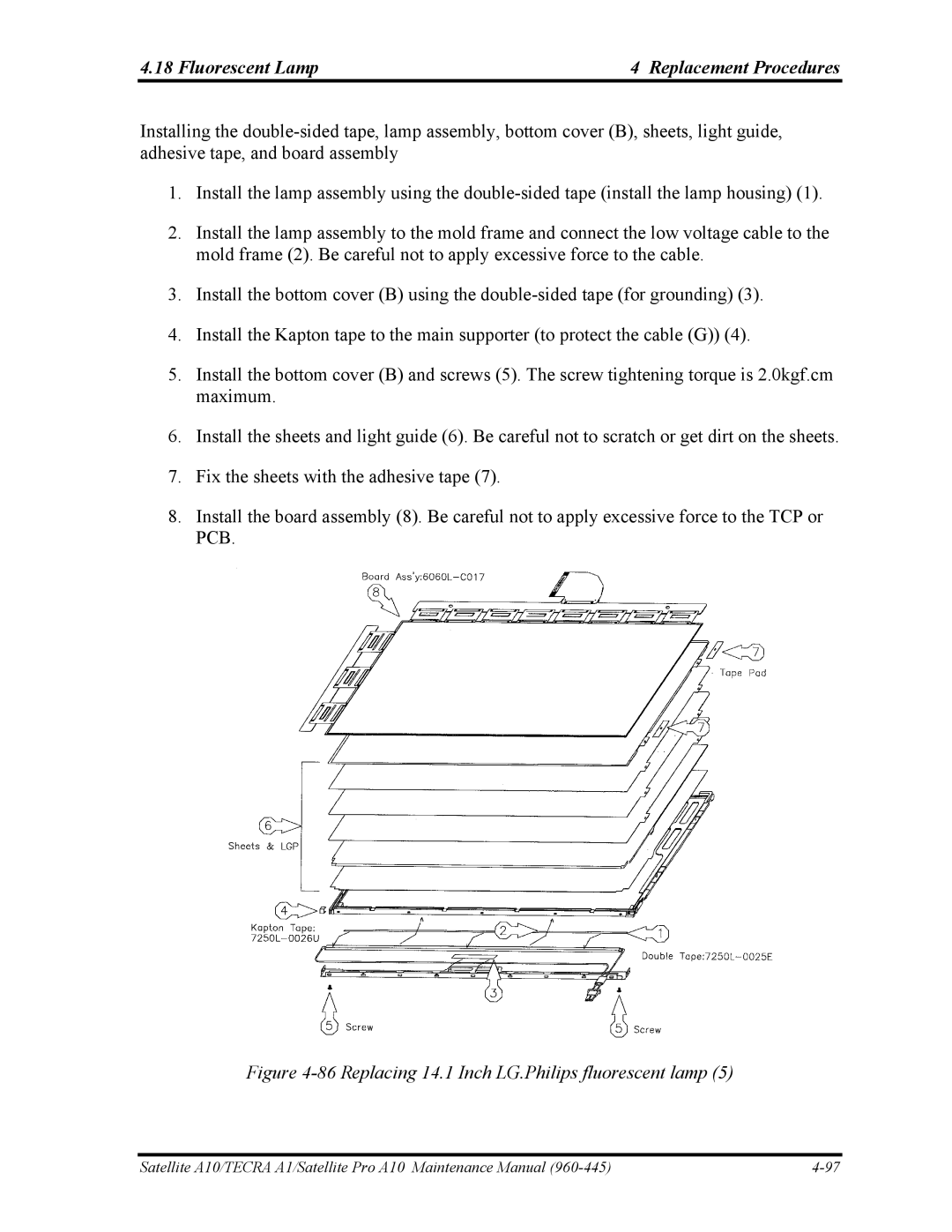 Toshiba A10 manual Replacing 14.1 Inch LG.Philips fluorescent lamp 