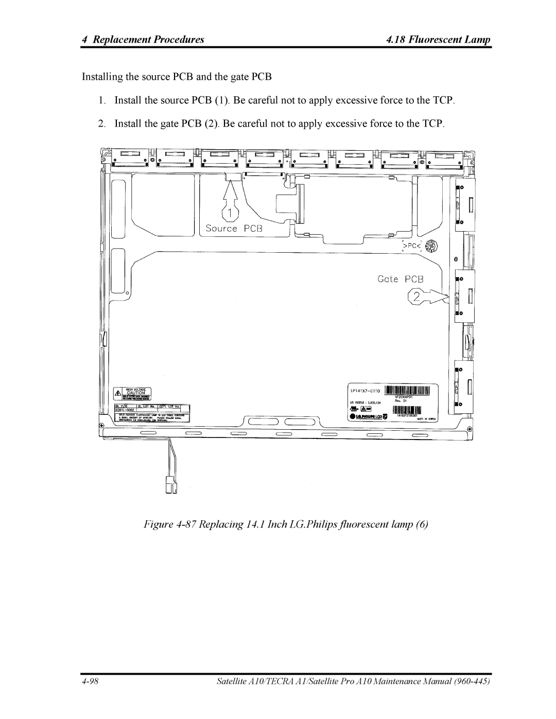 Toshiba A10 manual Replacing 14.1 Inch LG.Philips fluorescent lamp 