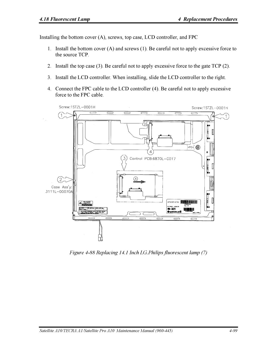 Toshiba A10 manual Replacing 14.1 Inch LG.Philips fluorescent lamp 