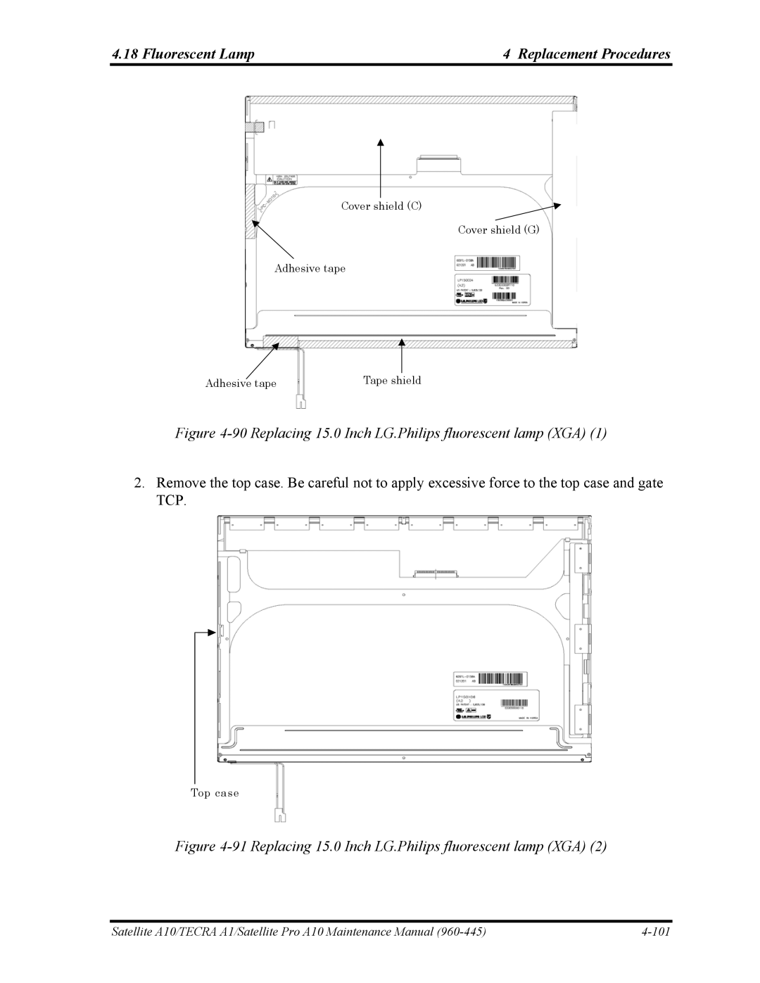 Toshiba A10 manual Replacing 15.0 Inch LG.Philips fluorescent lamp XGA 