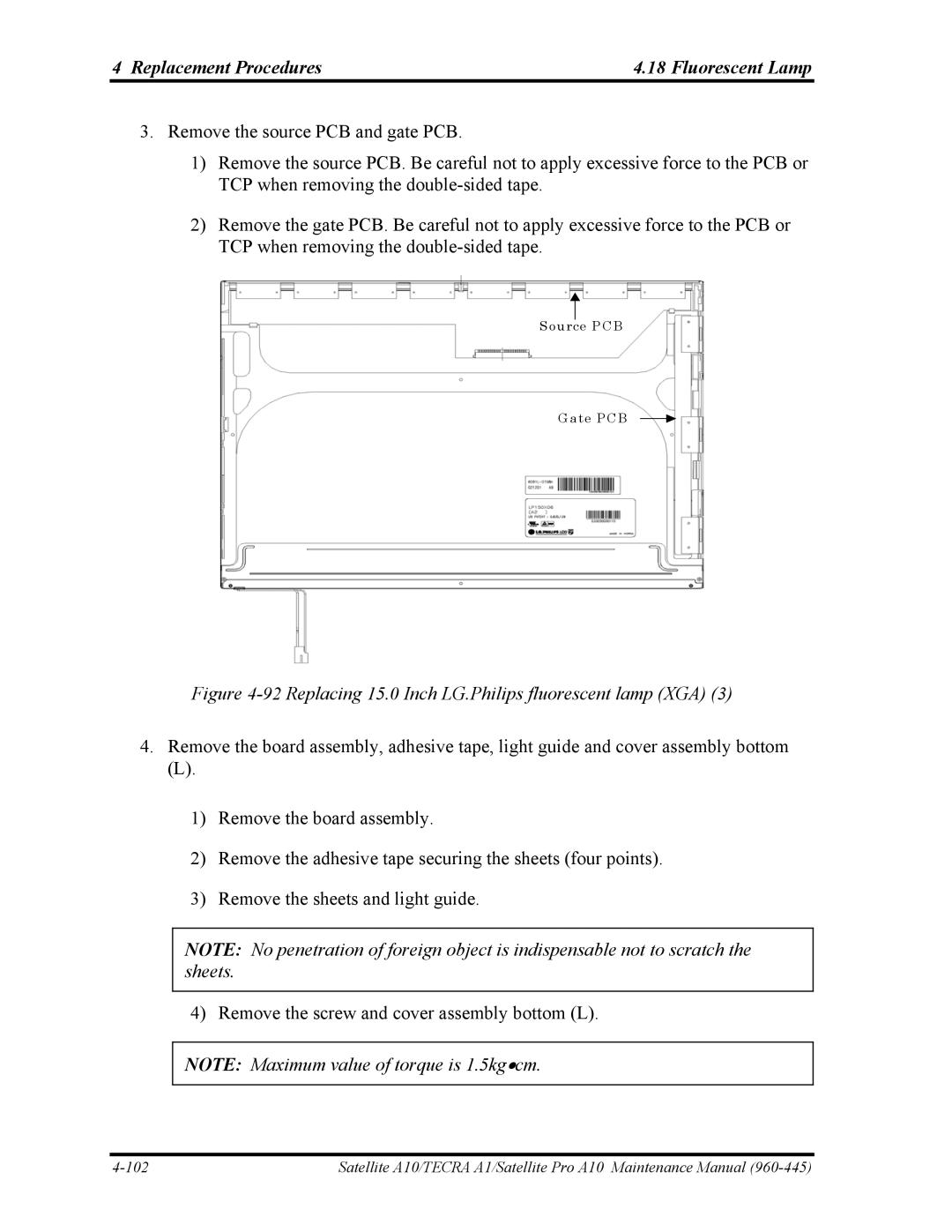 Toshiba A10 manual Replacing 15.0 Inch LG.Philips fluorescent lamp XGA 