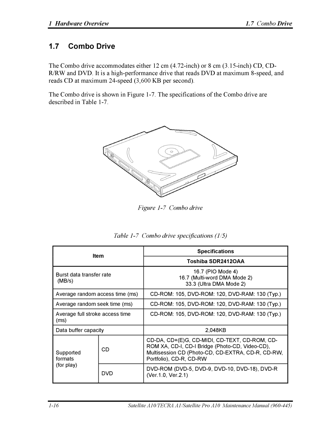 Toshiba A10 manual Hardware Overview Combo Drive, Toshiba SDR2412OAA, Cd-Da, Cd+Eg, Cd-Midi, Cd-Text, Cd-Rom, Cd 