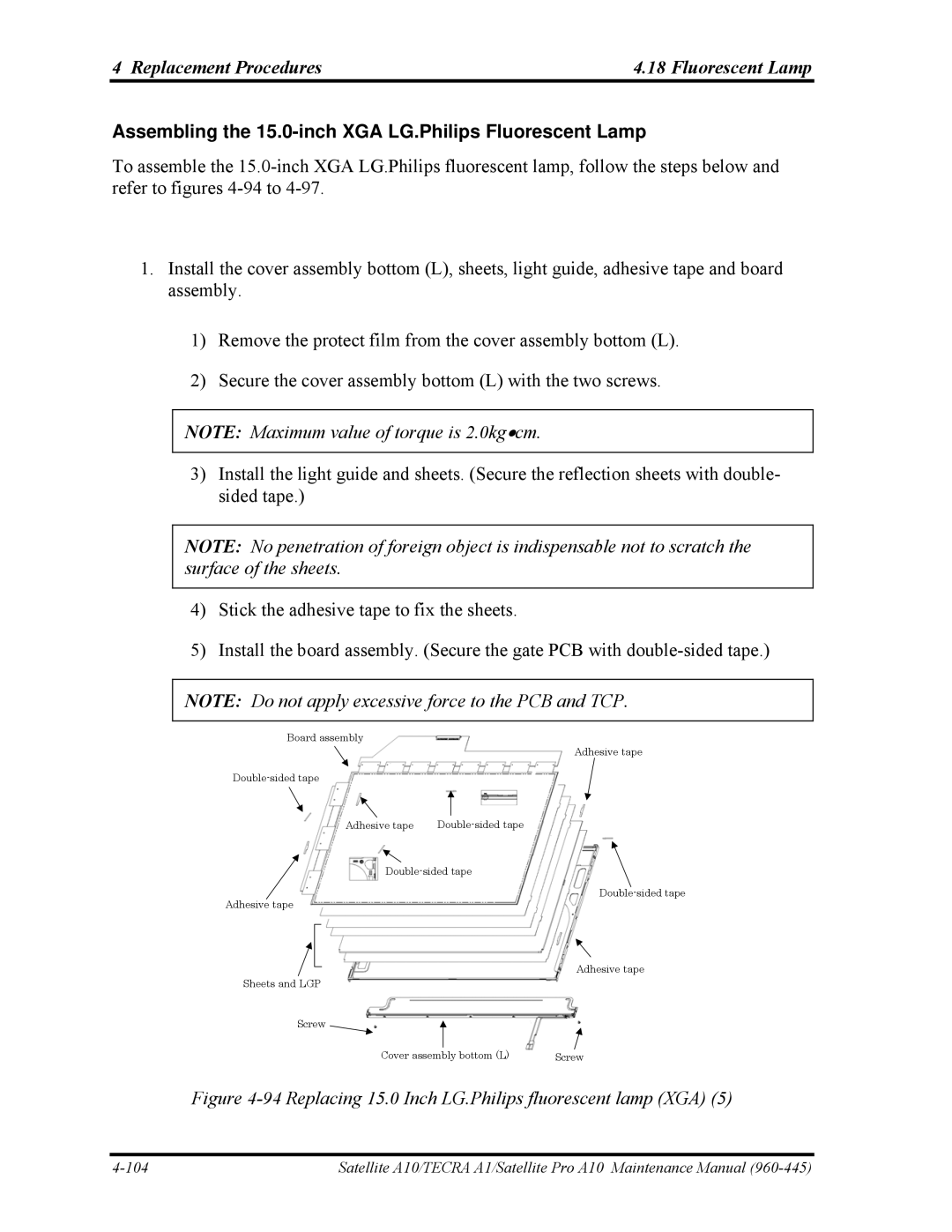 Toshiba A10 manual Assembling the 15.0-inch XGA LG.Philips Fluorescent Lamp 