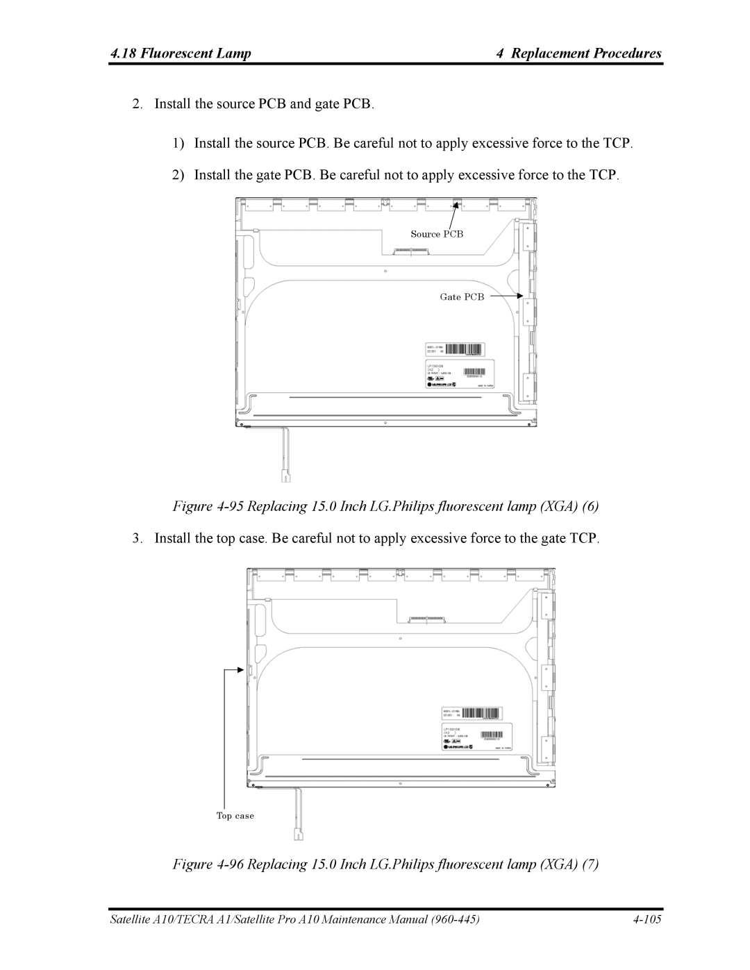 Toshiba A10 manual Replacing 15.0 Inch LG.Philips fluorescent lamp XGA 