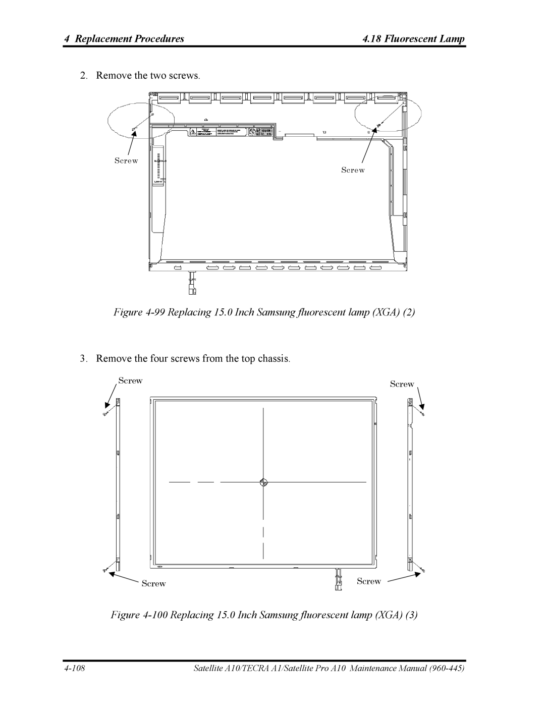 Toshiba A10 manual Replacing 15.0 Inch Samsung fluorescent lamp XGA 