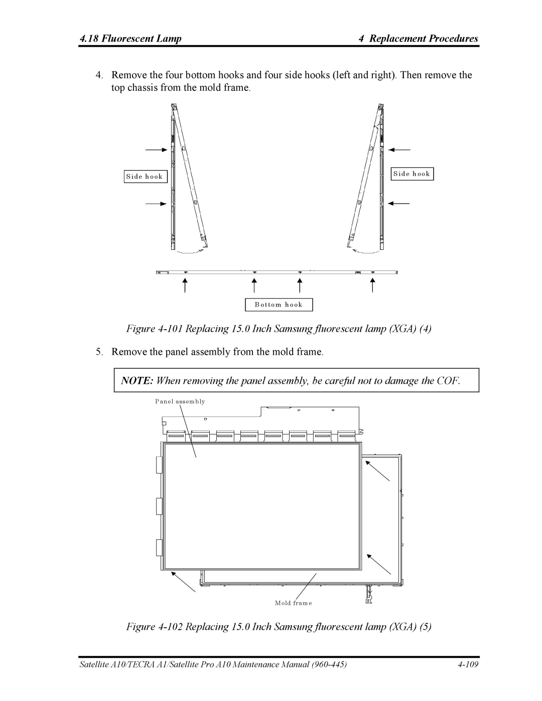 Toshiba A10 manual Replacing 15.0 Inch Samsung fluorescent lamp XGA 