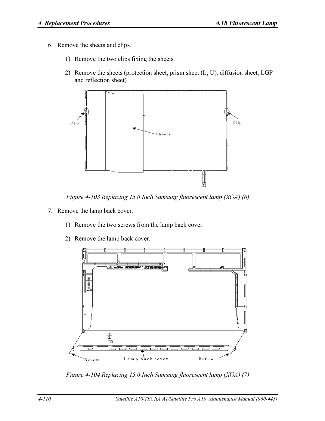 Toshiba A10 manual Replacing 15.0 Inch Samsung fluorescent lamp XGA 