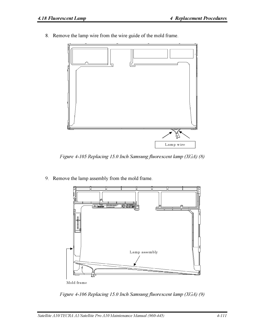 Toshiba A10 manual Replacing 15.0 Inch Samsung fluorescent lamp XGA 