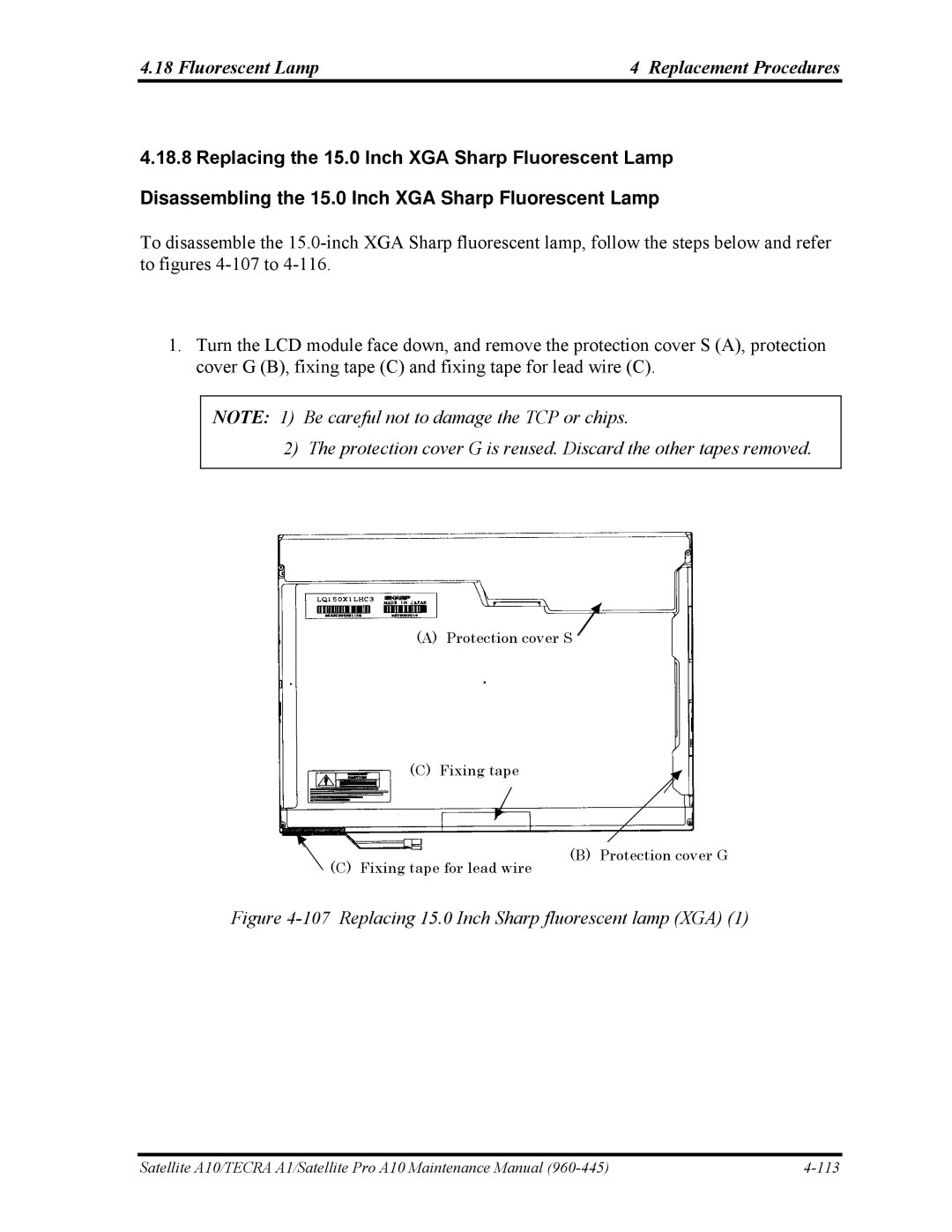 Toshiba A10 manual Replacing 15.0 Inch Sharp fluorescent lamp XGA 